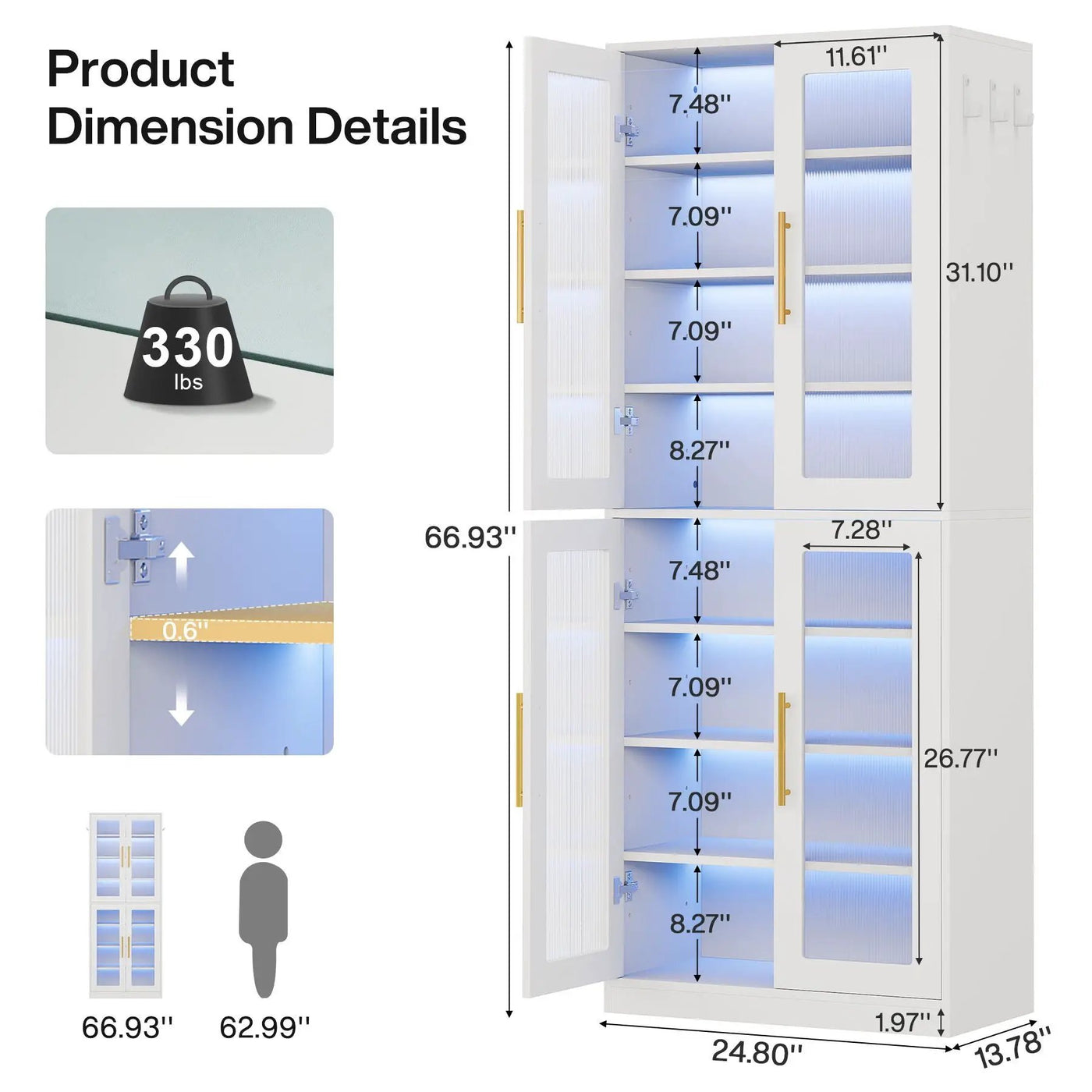 Bookcase With Doors And LED Lighting, 8 Adjustable Shelves Storage Cabinet by HouseOfZazla