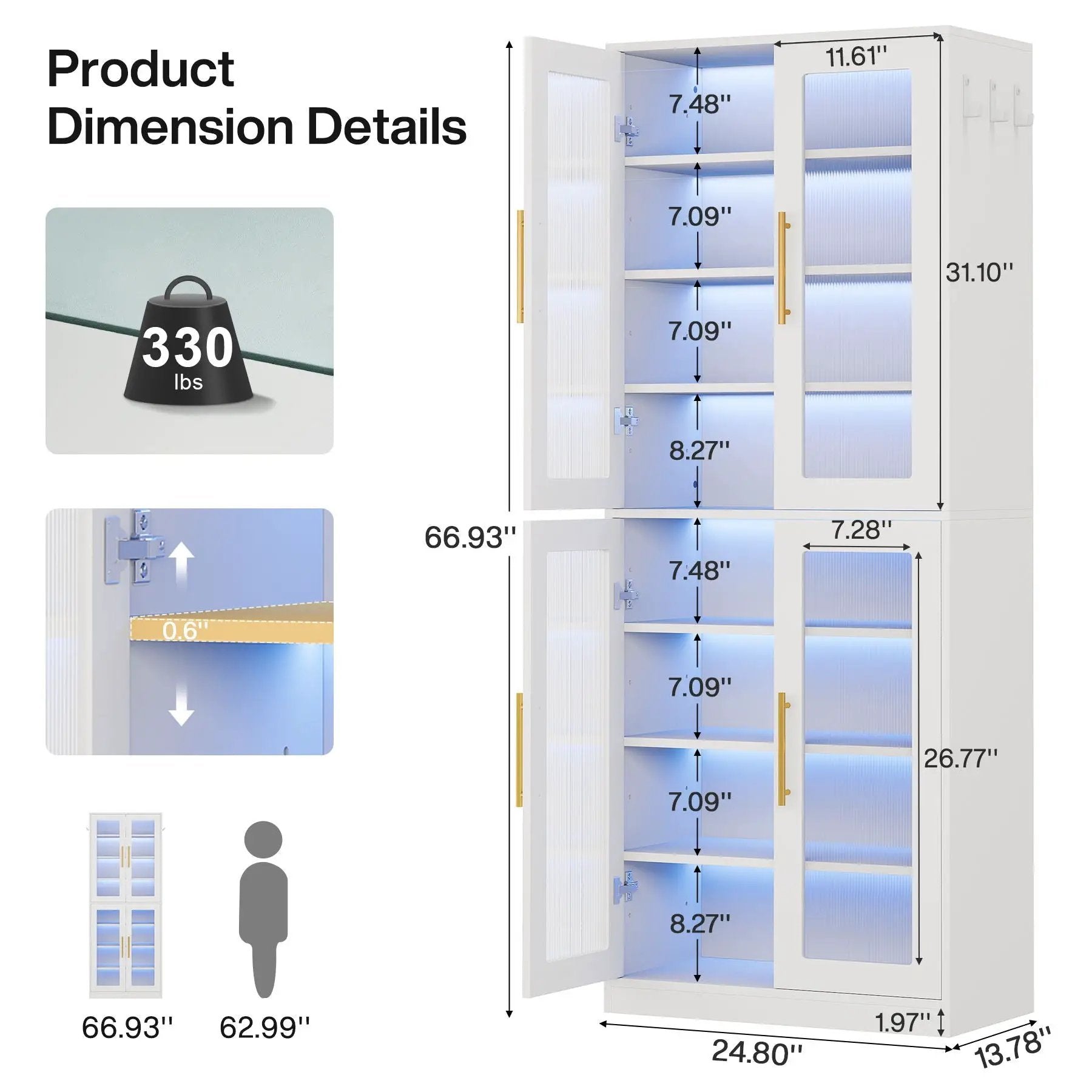 Bookcase With Doors And LED Lighting, 8 Adjustable Shelves Storage Cabinet