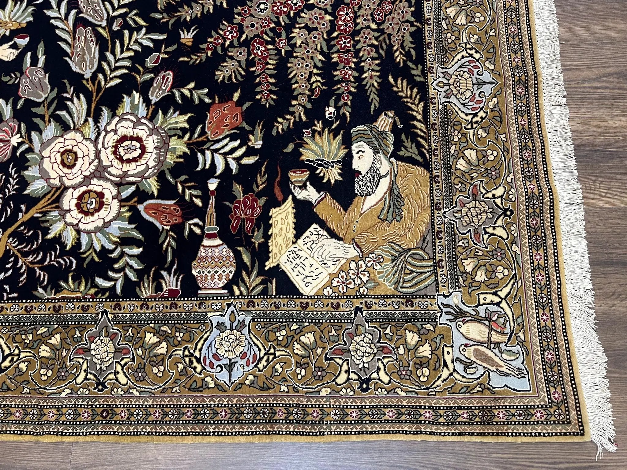 Persian Qum Pictorial Rug 4.8 x 6.5 - Layla & Majnun, Birds by Jewel Rugs