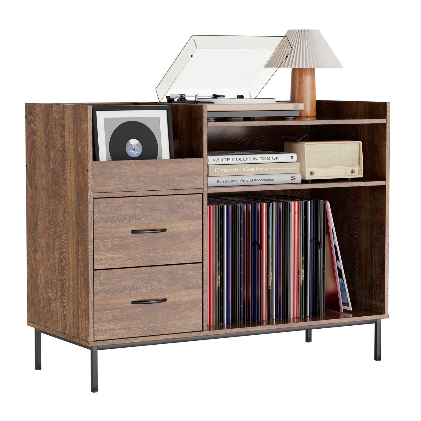 Eco-Friendly Vinyl Record Player Stand With Flip-Top Storage, Media Console With Dual Outlets And Dustproof Drawers by HouseOfZazla