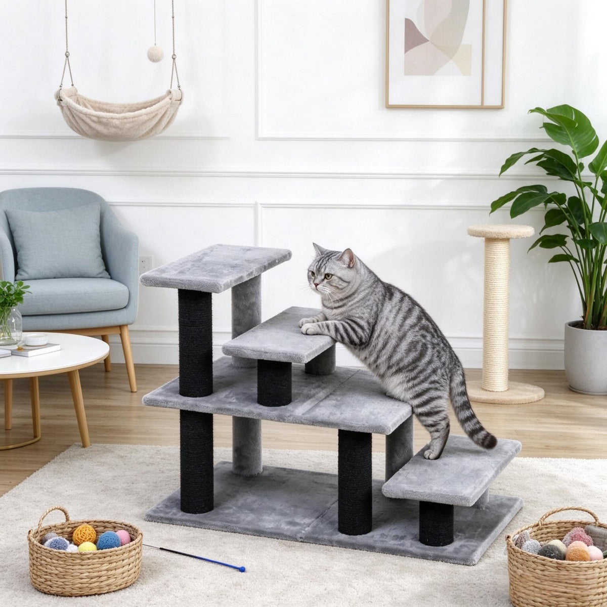 Modular Pet Cat Stairs with Flexible Setup - Particleboard & Plush, Gray/Black, photo 8 of 9