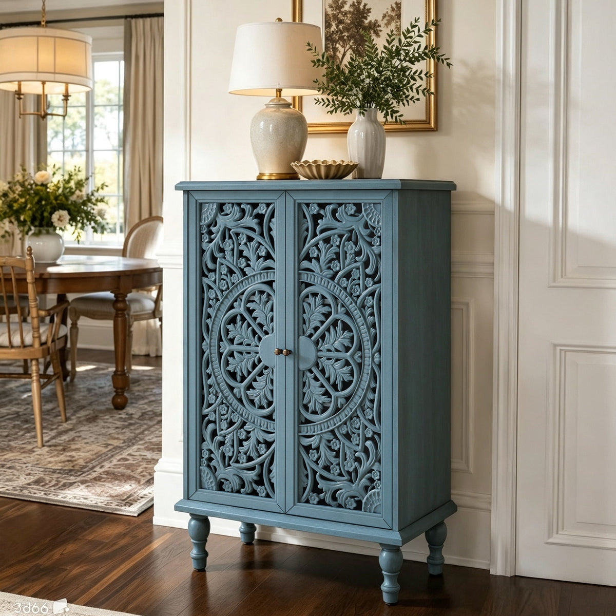 Farmhouse Accent Storage Cabinet, 2 Door Decorative Cabinet with Hollow Carved Doors, Adjustable Shelf, Freestanding Display Cabinet with Turned Legs for Entryway Living Room Dining Room,Antique, photo 5 of 10