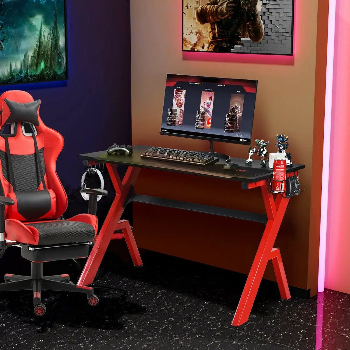 Ergonomic Gaming Desk with Carbon Fiber Surface and R-Shape Steel Frame by DirectDeals