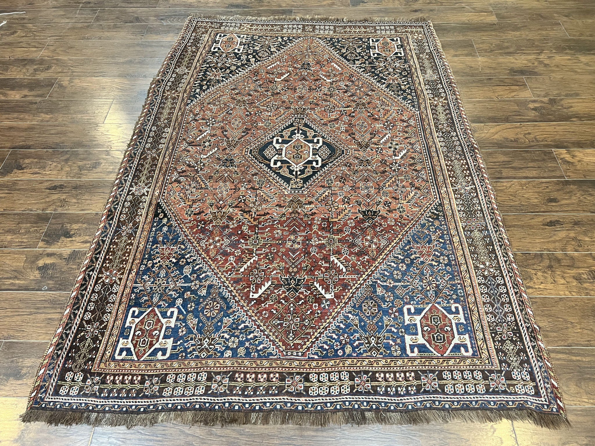 Antique Persian Shiraz Tribal Rug 6x8, Geometric Rug, Wool Handmade Hand Knotted Carpet, Red Blue by Jewel Rugs