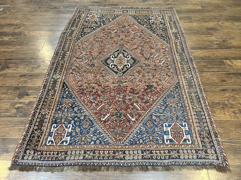 Antique Persian Shiraz Tribal Rug 6x8, Geometric Rug, Wool Handmade Hand Knotted Carpet, Red Blue by Jewel Rugs