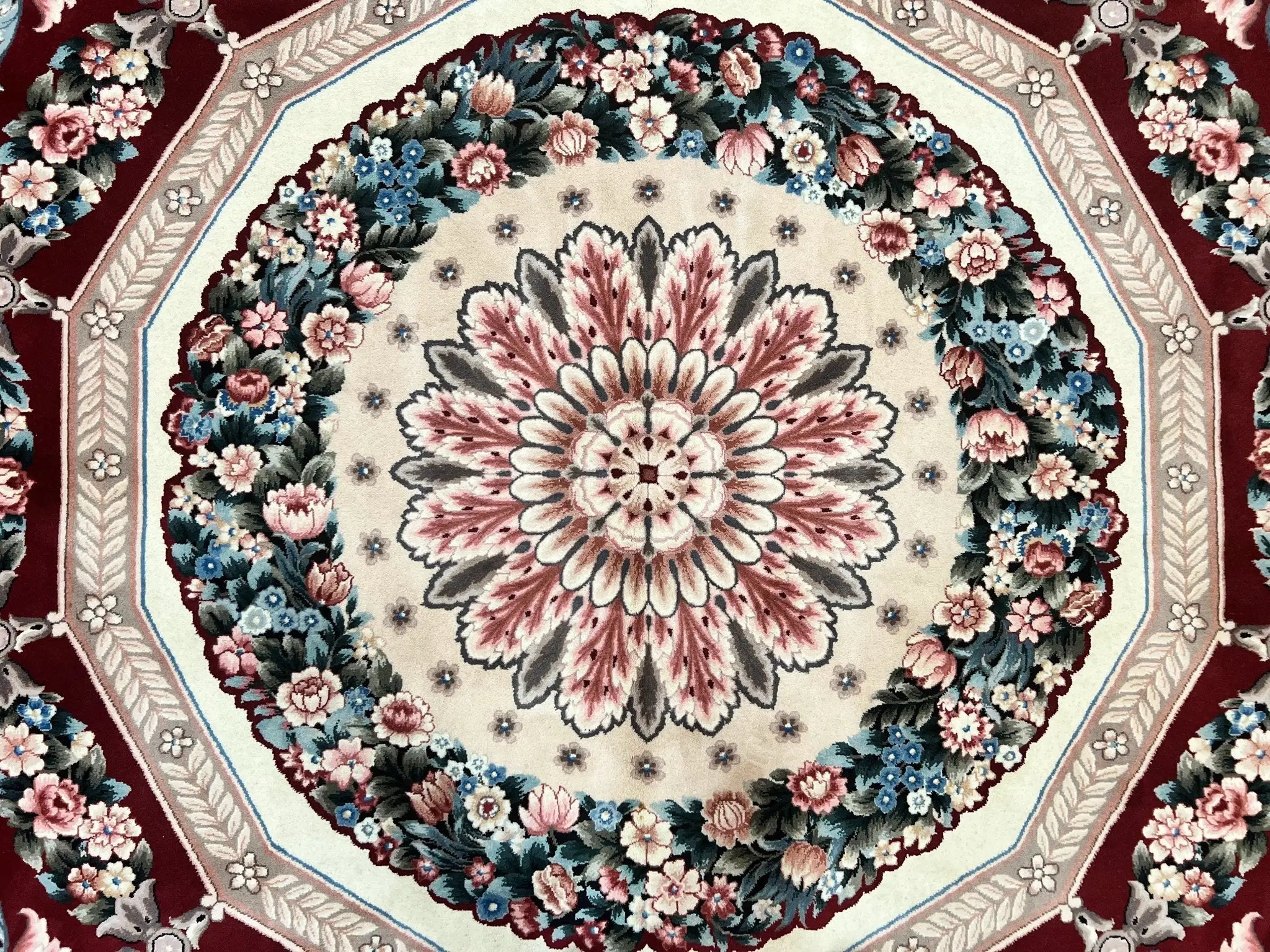 Chinese Aubusson Rug 9x12, Burgundy, Handmade Vintage Wool Carpet, Fine 210 KPSI, Elegant European Design by Jewel Rugs