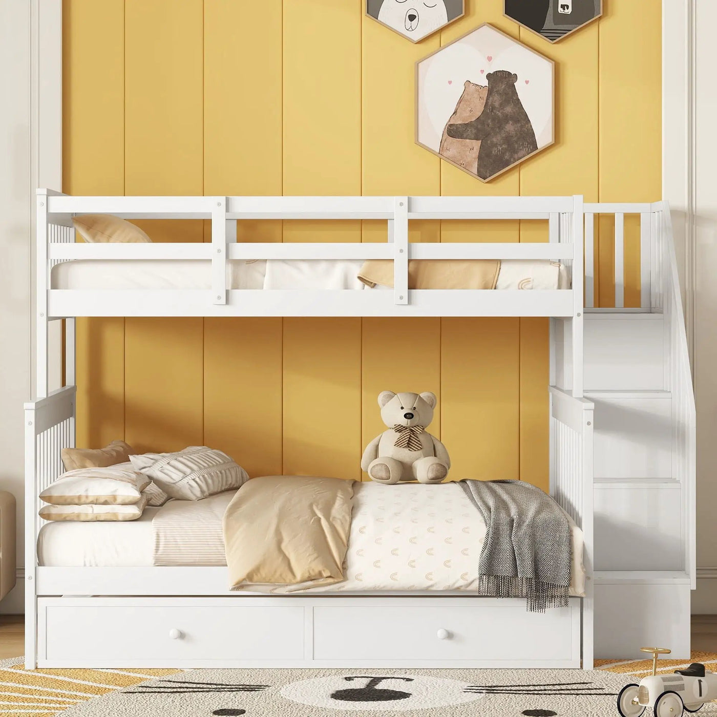 Bunk Bed With Twin Size Trundle, Storage And Guard Rail For Bedroom by Unique Piece Furniture