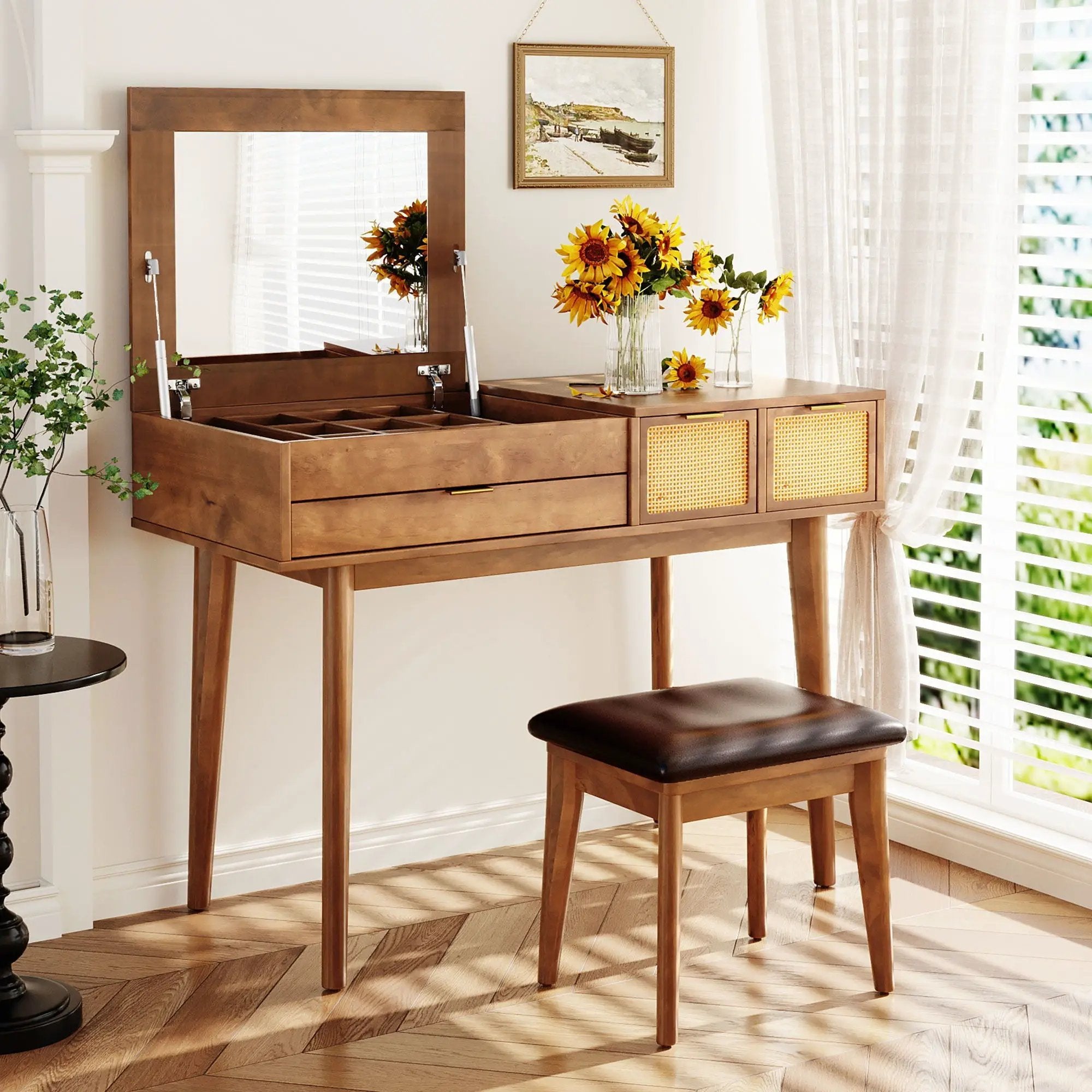 Classic Wood Makeup Vanity Set With Flip-Top Mirror And Stool, Dressing Table With Three Drawers And Storage Space by HouseOfZazla