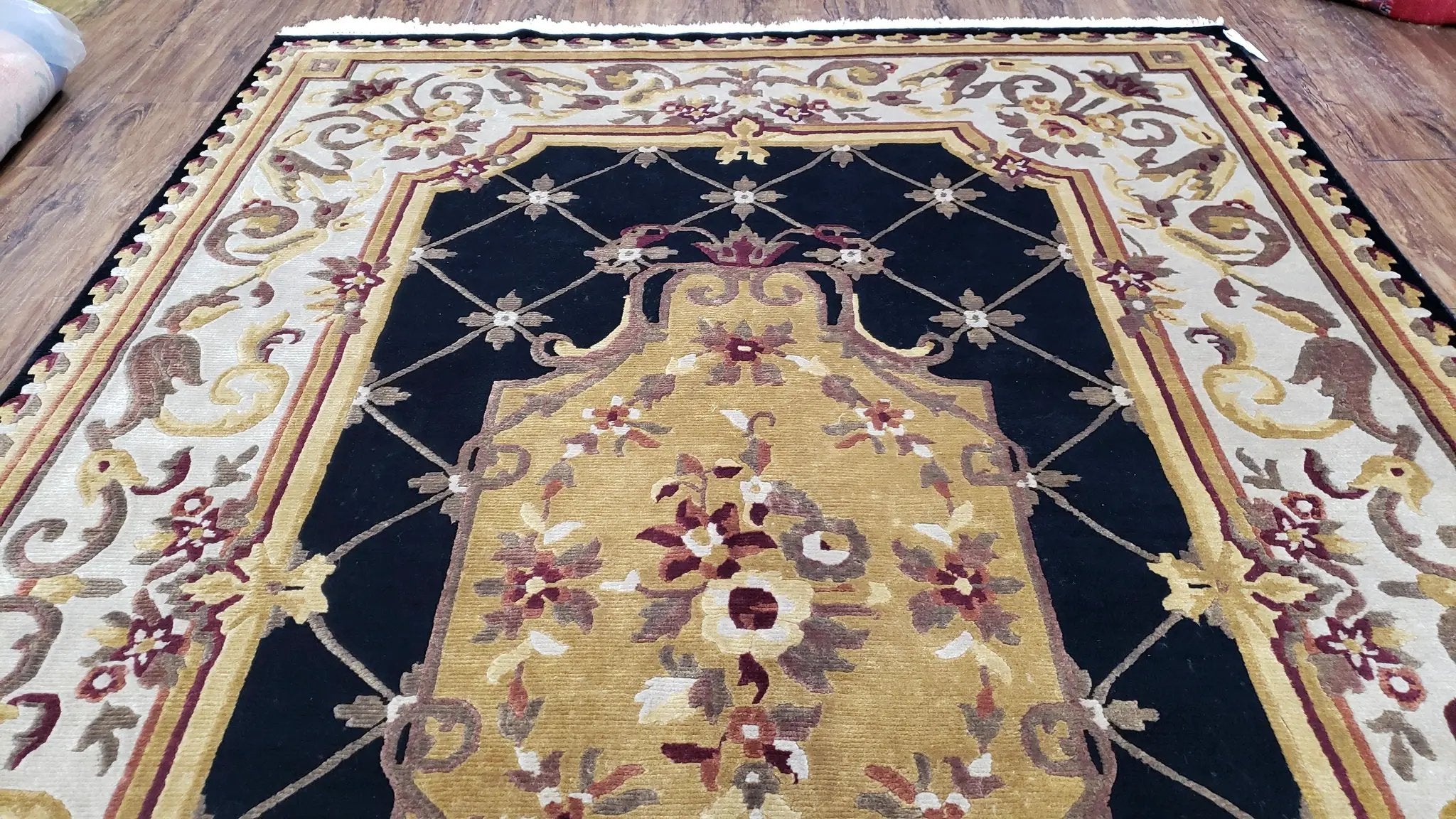 6x9 Nepalese Rug, Aubusson Savonnerie Area Rug 6 x 9 with Soft Pile, Hand-Knotted Wool Black & Beige Tibetan New Carpet European Design by Jewel Rugs