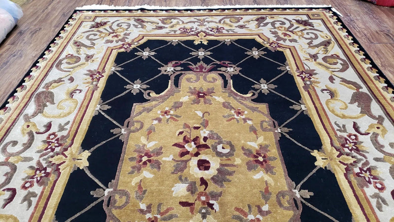6x9 Nepalese Rug, Aubusson Savonnerie Area Rug 6 x 9 with Soft Pile, Hand-Knotted Wool Black & Beige Tibetan New Carpet European Design by Jewel Rugs