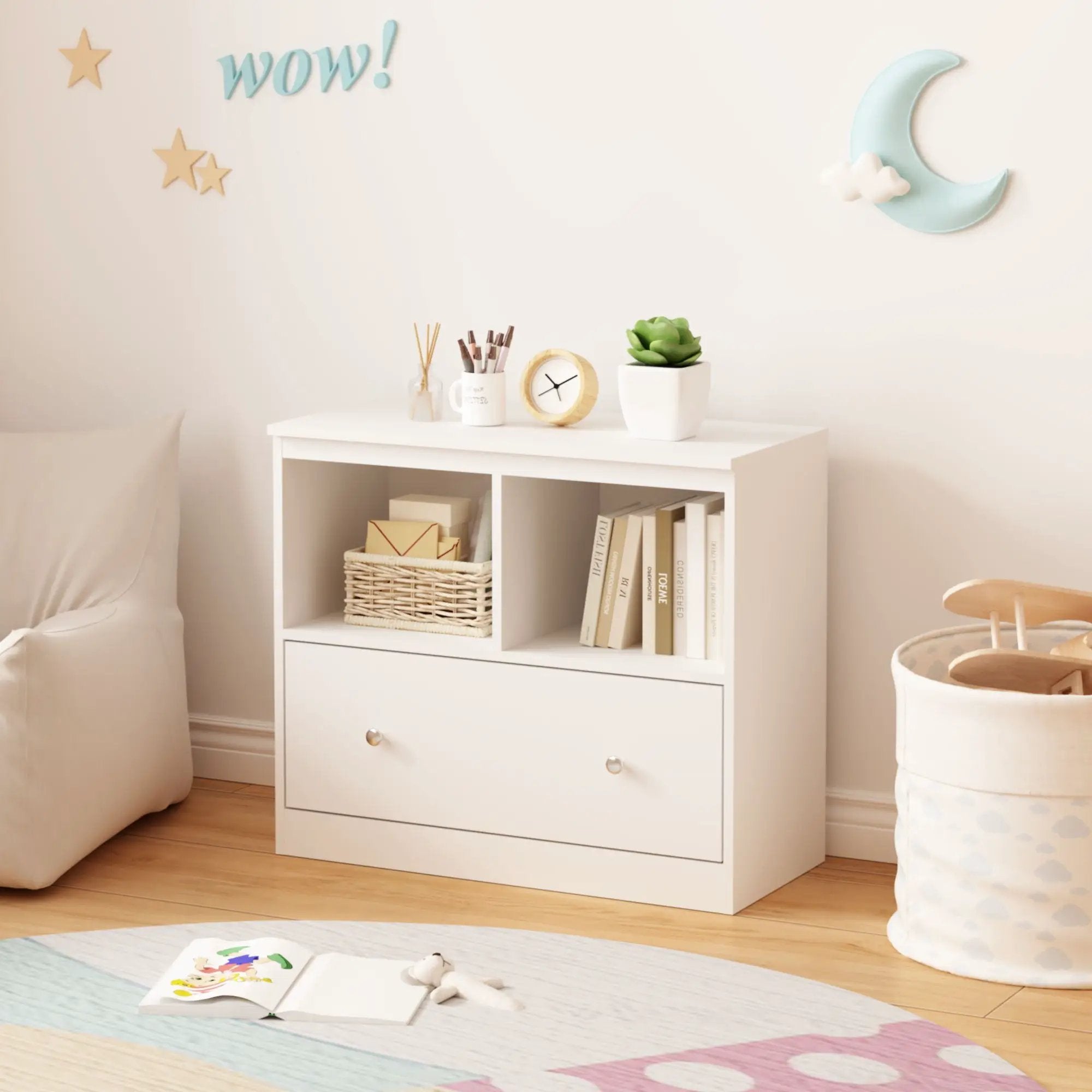 Toy Storage Organizer With Large Drawer And Low Bookshelf For Nursery & Playroom - White by HouseOfZazla