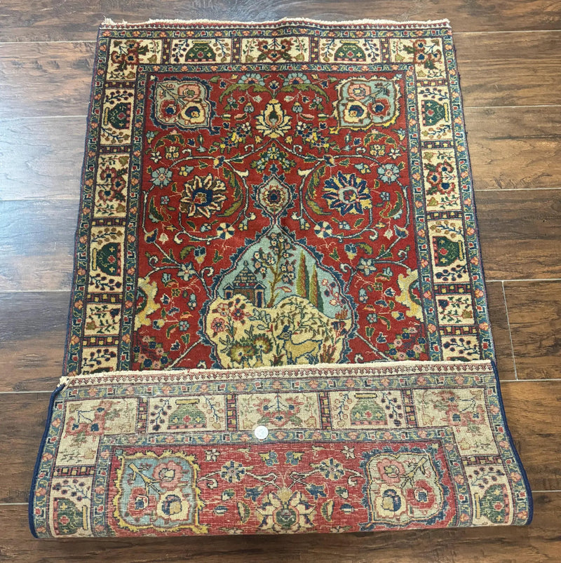Small Persian Tabriz Rug 2.8 x 4.7, Red, Animal Pictorials, Semi Antique Vintage by Jewel Rugs