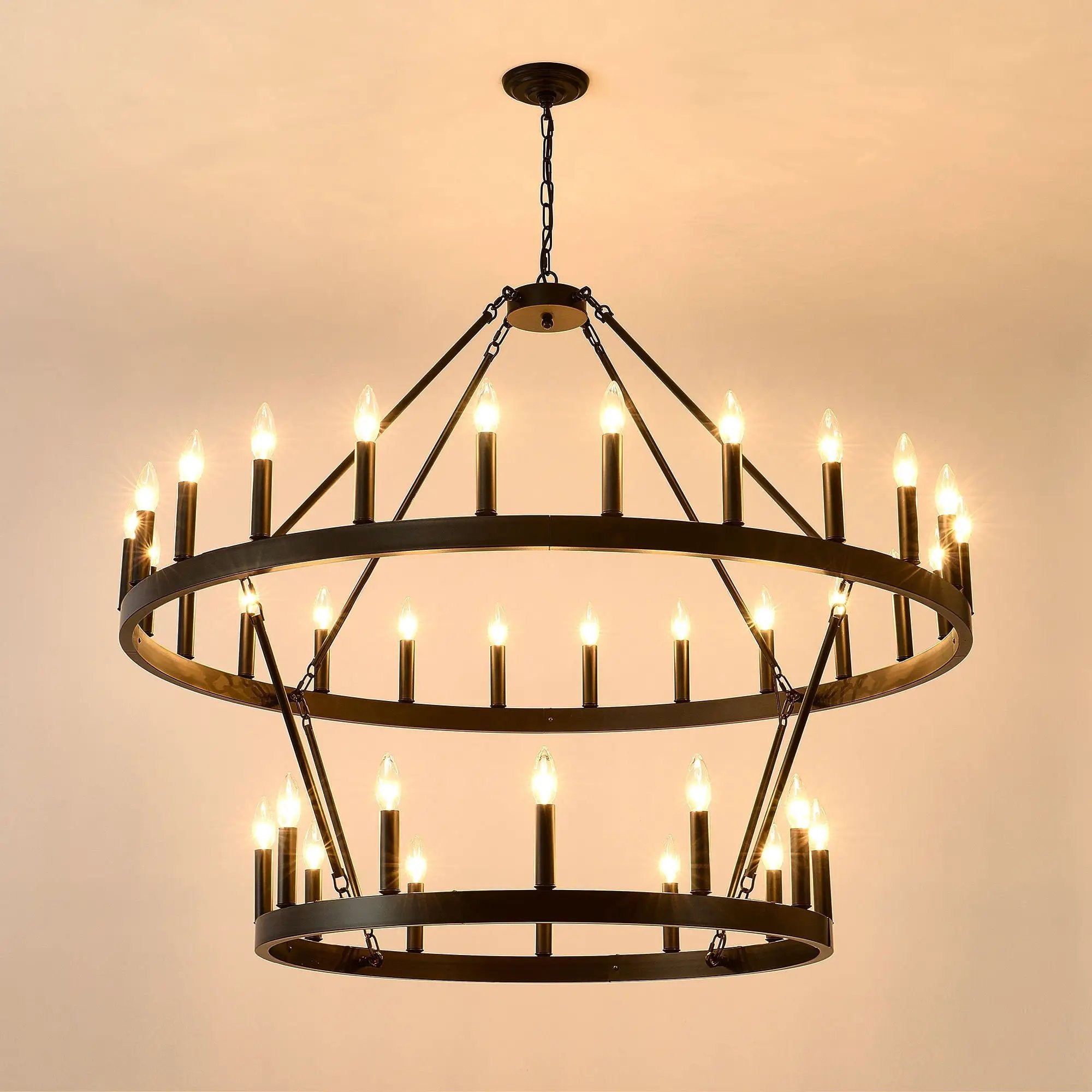 2 Tiers Wagon Wheel Chandelier Wooden Farmhouse 36 Light (24 / 12) Or (12 / 24) Metal Chandeliers 2 Story Light Fixtures Industrial For High Ceiling Living Dining Room Foyer, Adjustable Height - Black by HouseOfZazla