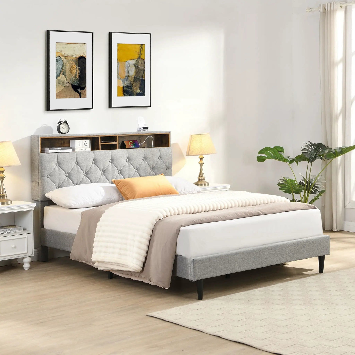 Modern Upholstered Platform Bed Frame With Button Tufted Headboard And USB Ports by HouseOfZazla