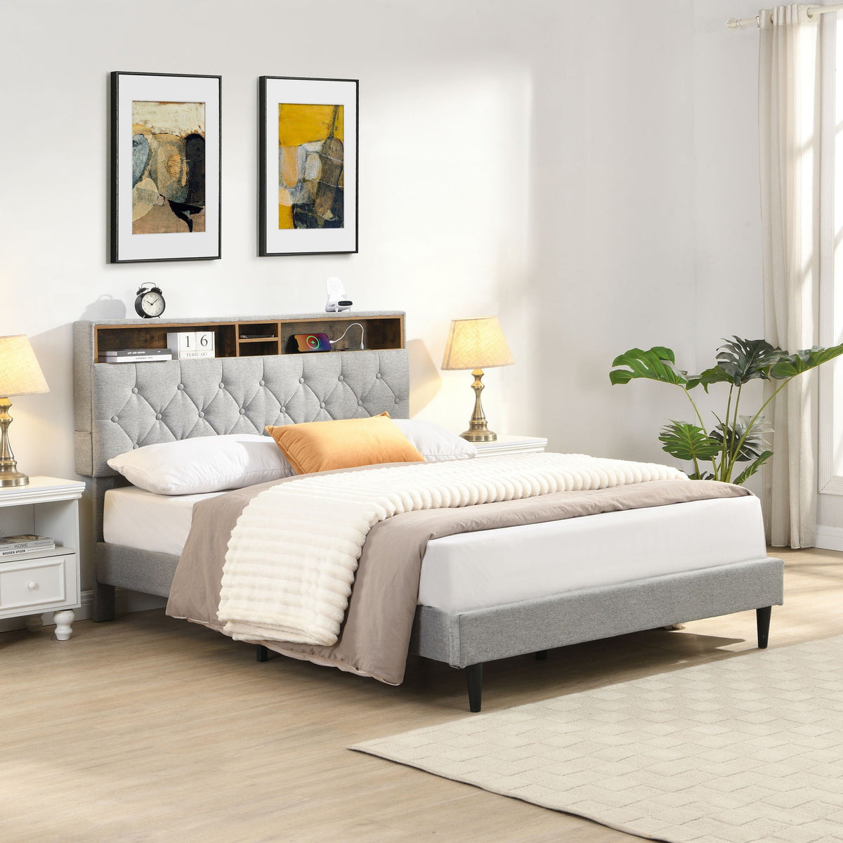 Modern Upholstered Platform Bed Frame with USB Ports - Gray or Dark Gray, photo 8 of 10
