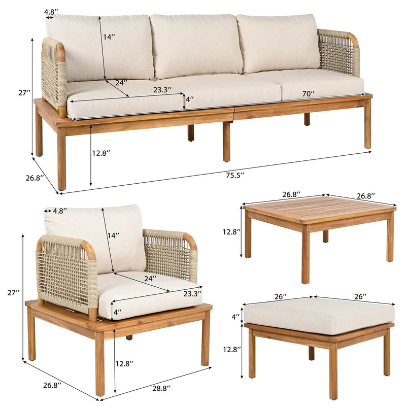 Outdoor 5-Piece Acacia Wood and Rope Patio Sofa Set by HouseOfZazla