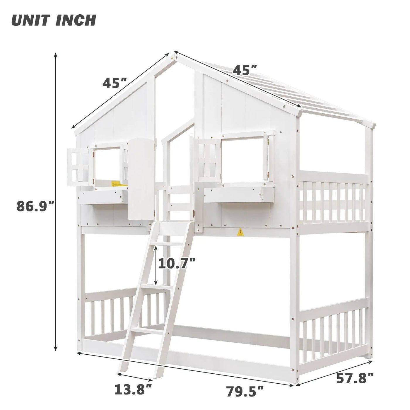 House Bunk Bed With Roof, Window, Window Box, Door, With Safety Guardrails And Ladder by HouseOfZazla