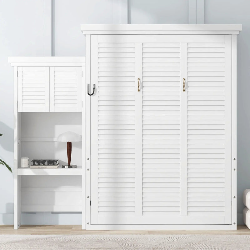 Queen Size Murphy Bed With Louvered Design And Multiple Storage Shelves - White by Unique Piece Furniture