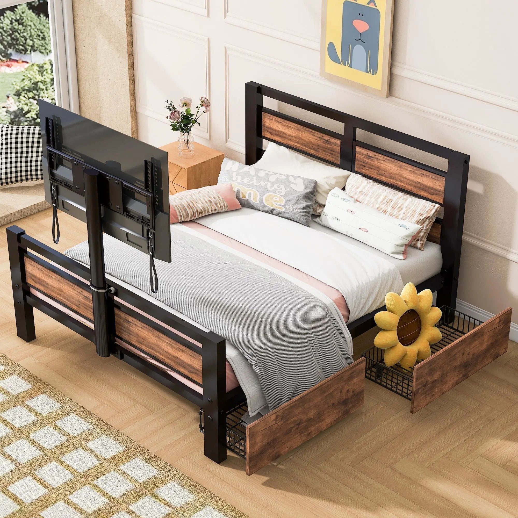 Twin Size Platform Bed With Headboard And Footboard, 2 Storage Drawers And Rotatable TV Stand - Black by HouseOfZazla
