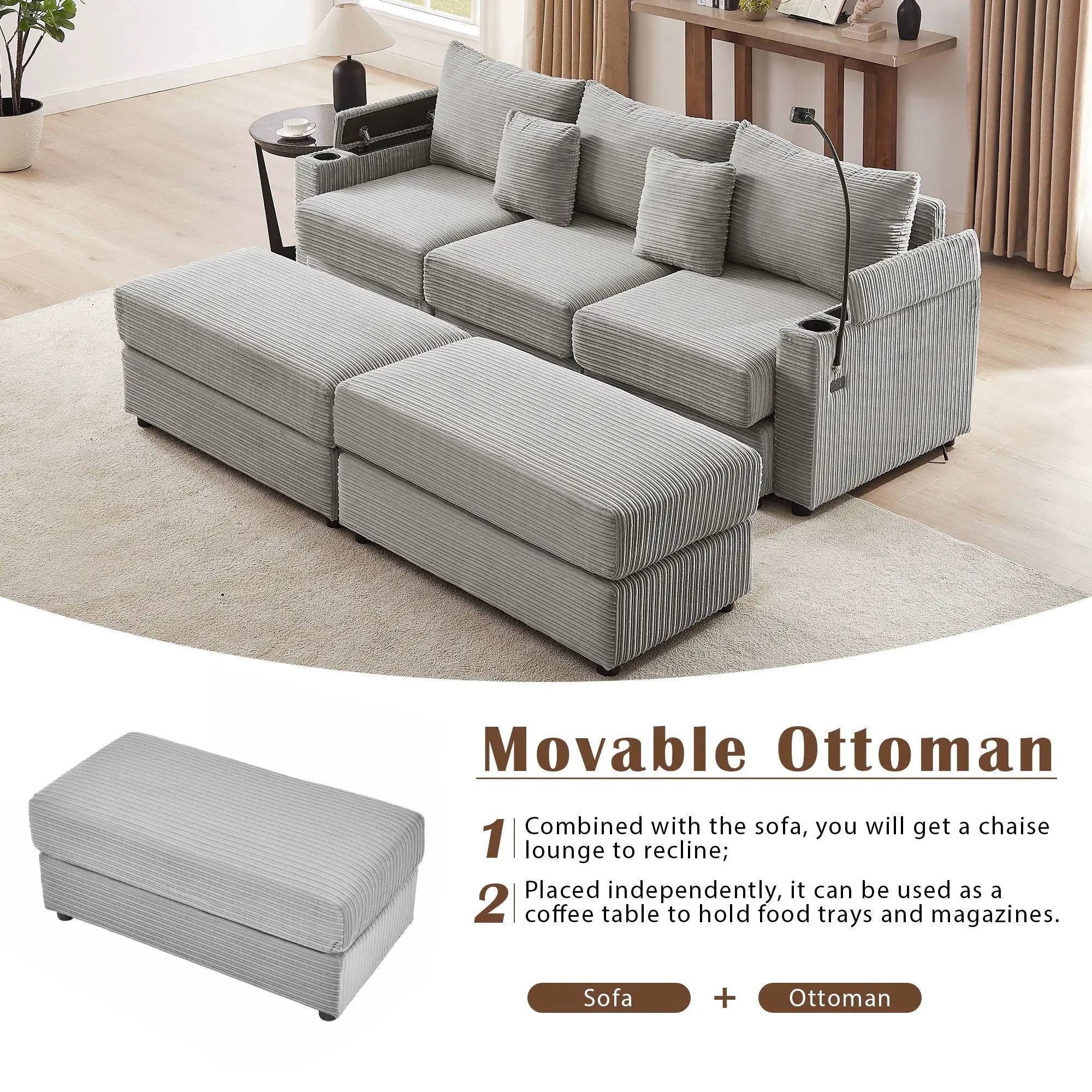 Modern Style Loveseat Sofa Sectional Sofa Couch With Storage Space, A Movable Ottoman, Two USB Ports, Two Cup Holders, A Phone Holder For Living Room by HouseOfZazla