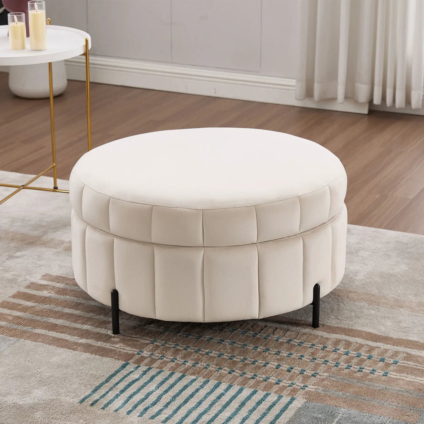 Upholstered Round Ottoman With Reversible Lid, Channel Tufted Pumpkin Shape by HouseOfZazla