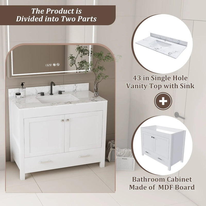 43" Bathroom Vanity With Artificial Marble Carrara Top Set, Multi Functional Bathroom Cabinet With Doors And Drawer - White by Unique Piece Furniture