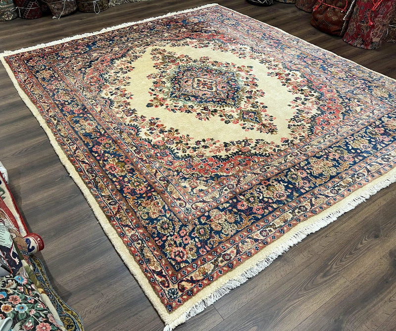 Persian Rug 9x10, Hamadan Rug, Antique Oriental Carpet, Wool Rug, Semi Open Field, Cream and Navy Blue, Kirman Design Hand Knotted Almost Square Rug by Jewel Rugs