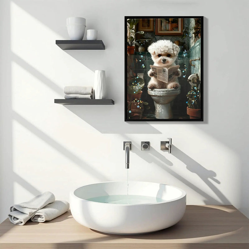 Framed Bathroom Decor, Cute Puppy Wall Art in Picture Frame, 3D Canvas Print - Indigo / White by HouseOfZazla