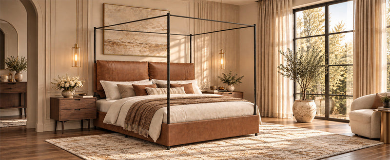 Queen Canopy Bed Frame with Four Poster Metal Design - Rustic Faux Leather, photo 5 of 10