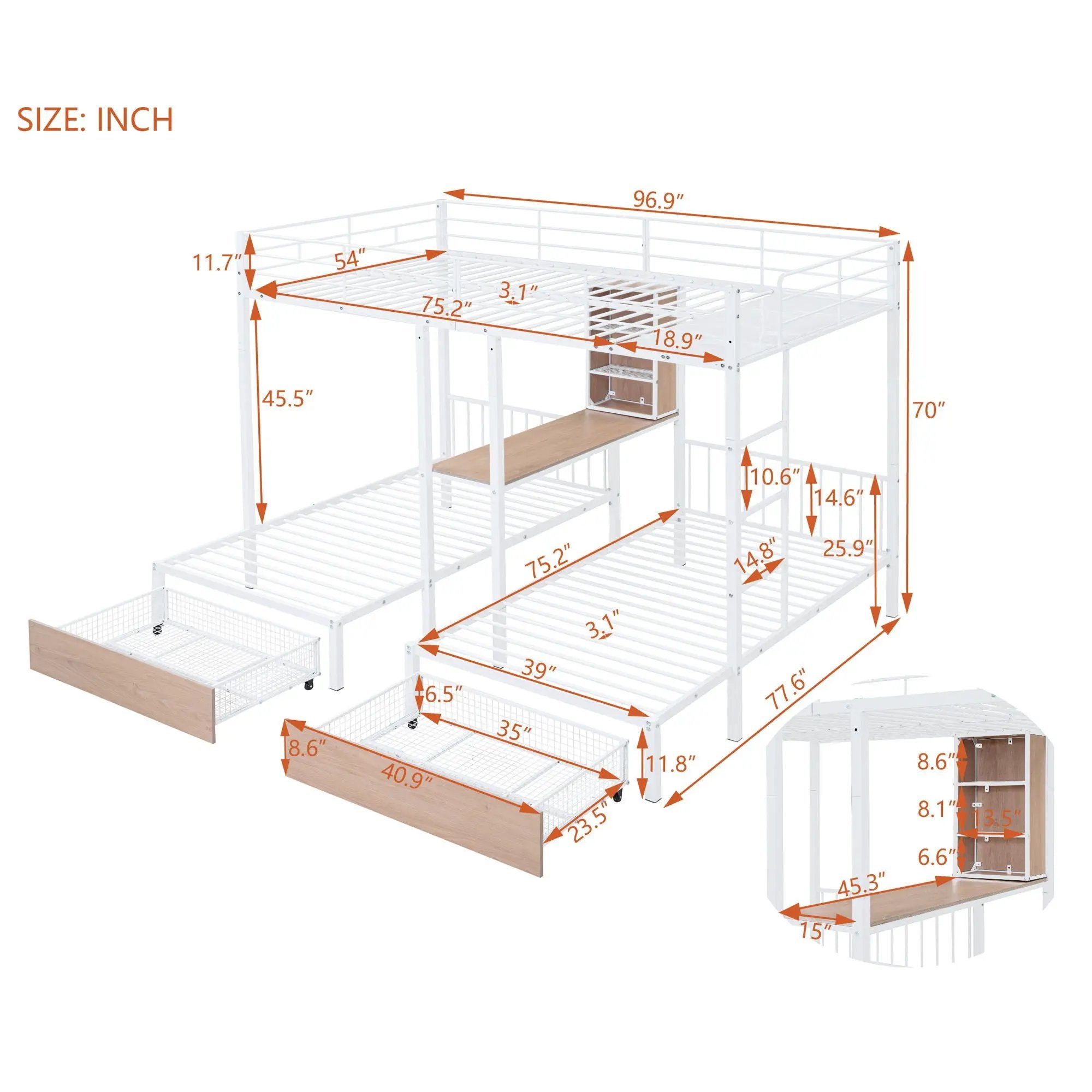 Triple Bunk Bed With Drawers, Multi-Functional Frame With Desks And Shelves In The Middle by Unique Piece Furniture