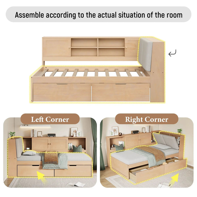 Twin L - Shaped Daybed With Storage Bookcase, Upholstered Headboard, USB Charging Ports & Hidden Drawers - Natural by HouseOfZazla