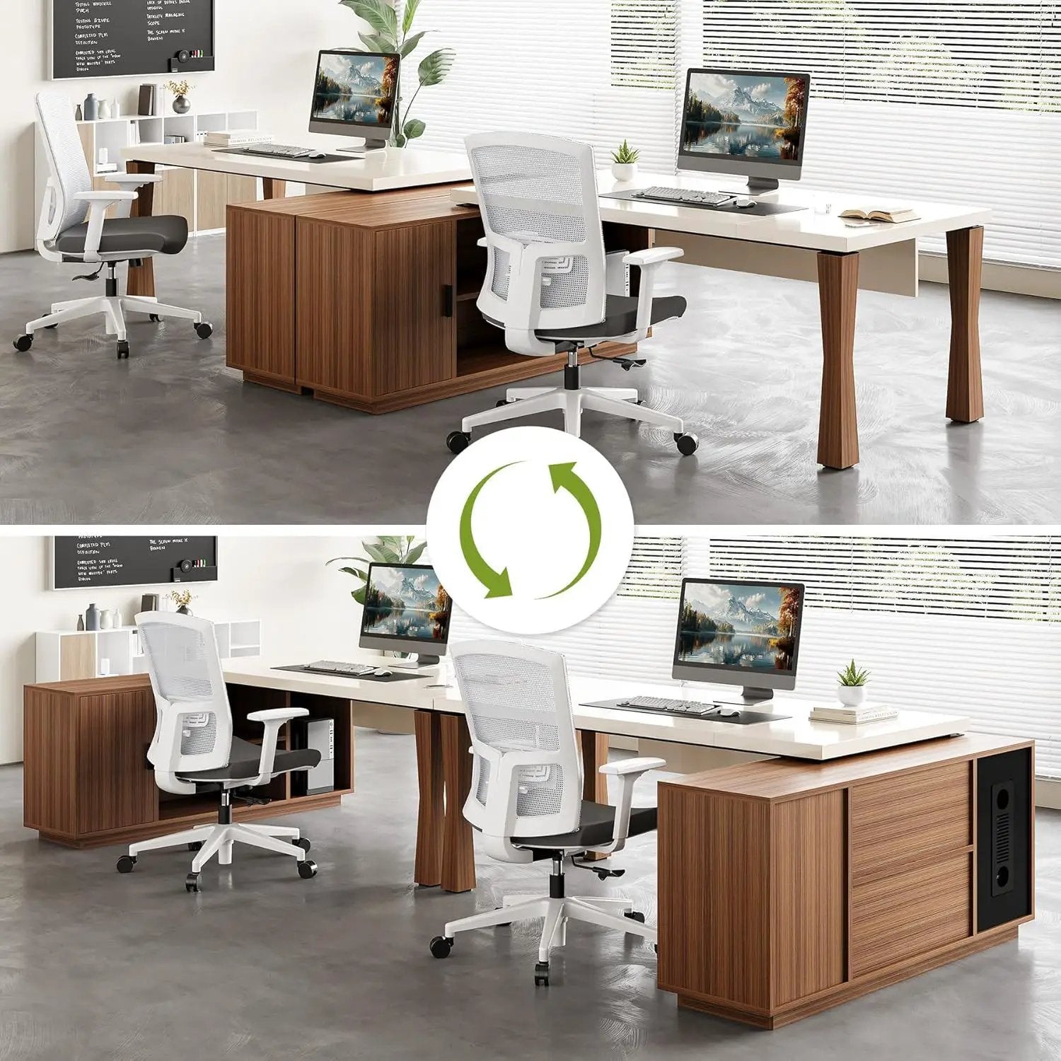 L-Shaped Executive Desk With Storage Cabinet, Home Office Workstation With Shelves - White / Walnut by HouseOfZazla