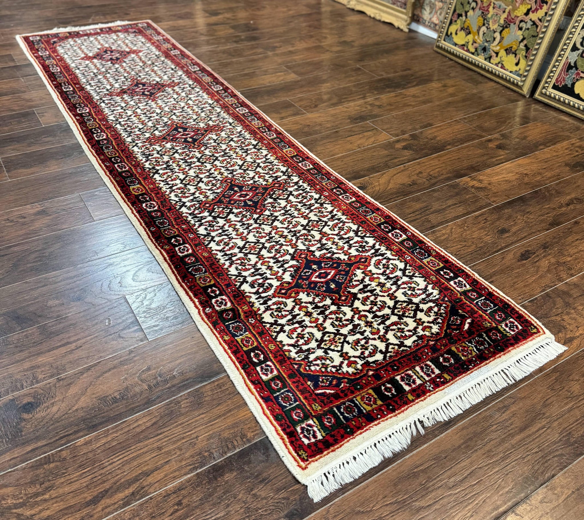 Indo Persian Bidjar Runner Rug 2.8 x 10, Vintage Rug for Hallway, 10ft Runner, Wool Handmade Ivory and Red, Medallions by Jewel Rugs