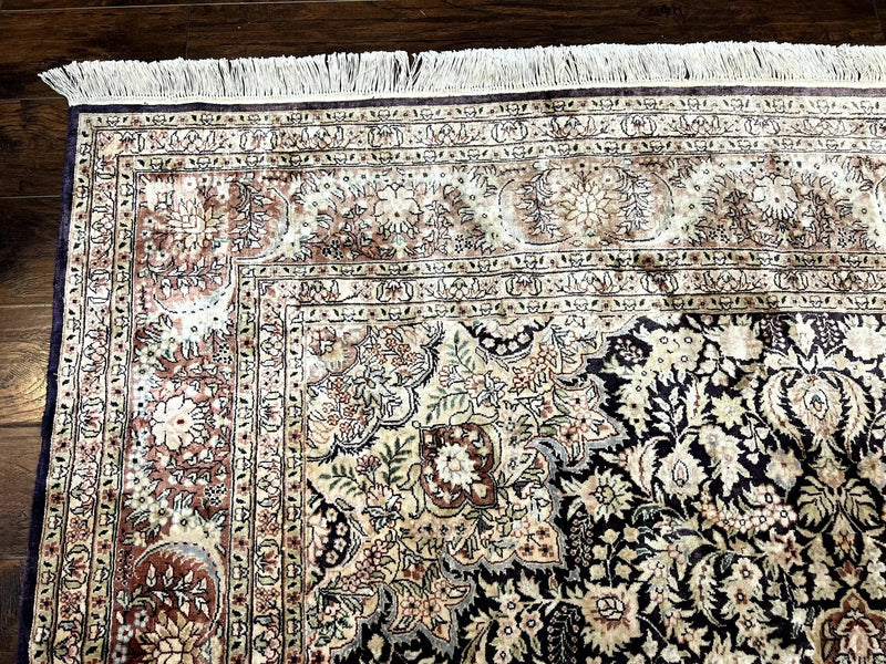 Silk Indian Kashmiri Rug 8x10, Floral Medallion, Indo Persian Carpet, Handmade Vintage Silk Rug by Jewel Rugs