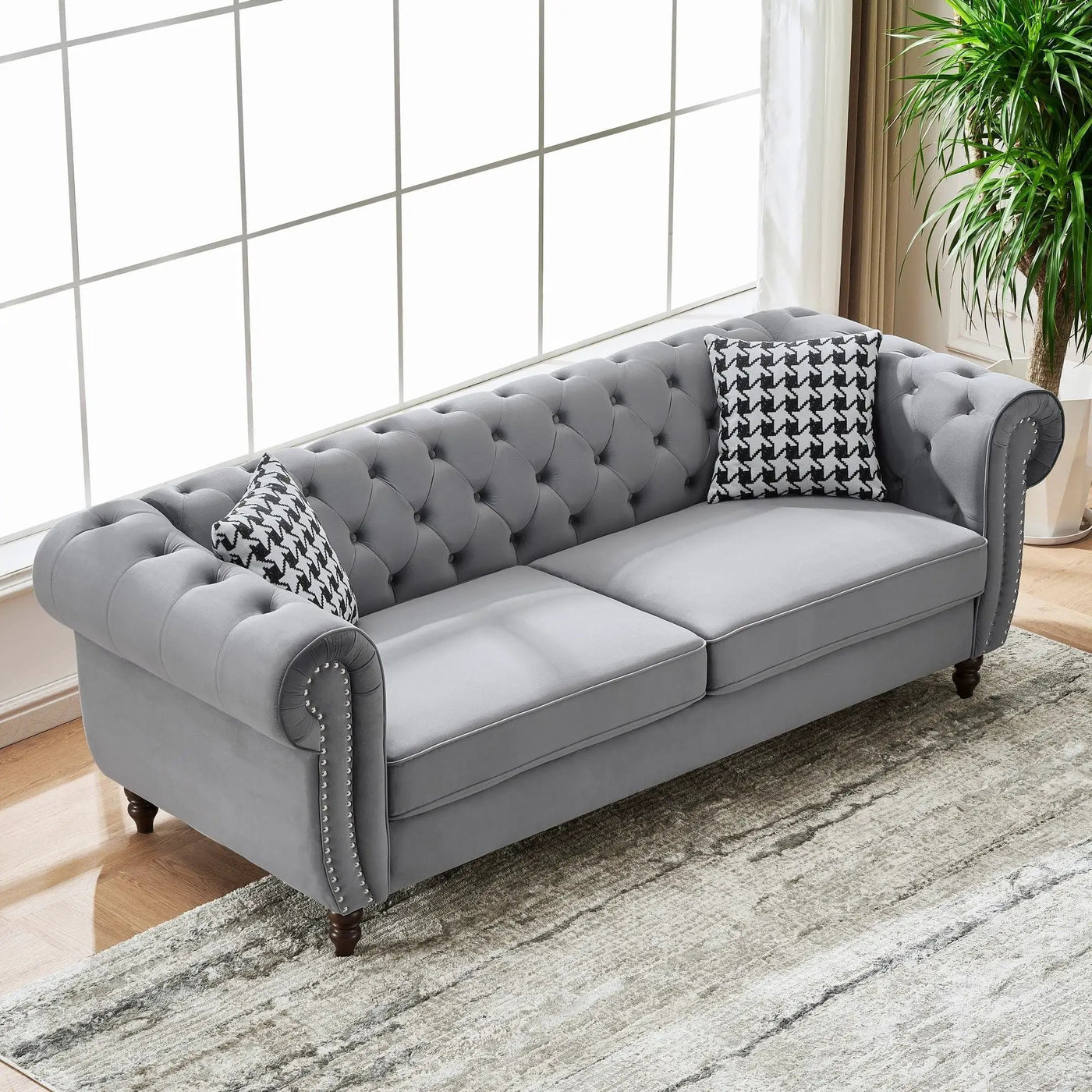 Chesterfield Upholstery Fabric Sofa With Roll Armrest & Nailhead, Mid Century Modern 3 And 3 Seater Couch by Unique Piece Furniture