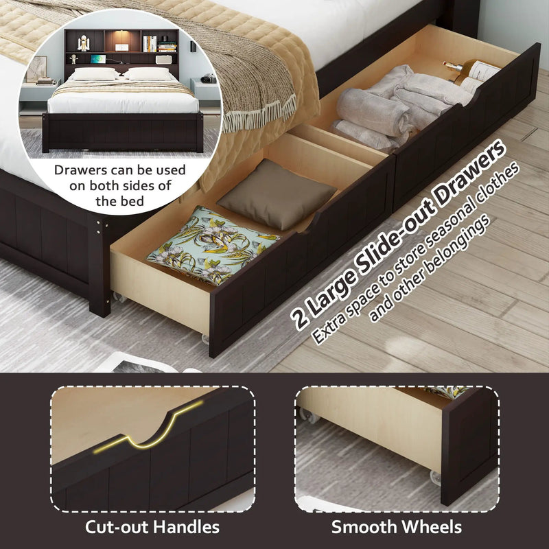 Platform Bed With Bookcase Headboard, Built-In Downlight, Charging Station, And 2 Side Drawers by Unique Piece Furniture