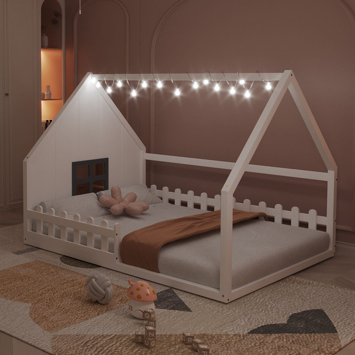 Full Size House Bed with Window and Fence - Solid Pine, photo 24 of 32