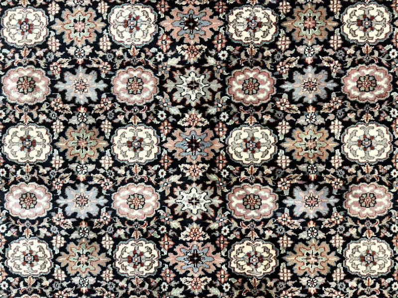 Indo Persian Rug 9x12, Vintage Handmade Wool Carpet, Repeated Allover Motif, Navy Blue and Pink by Jewel Rugs