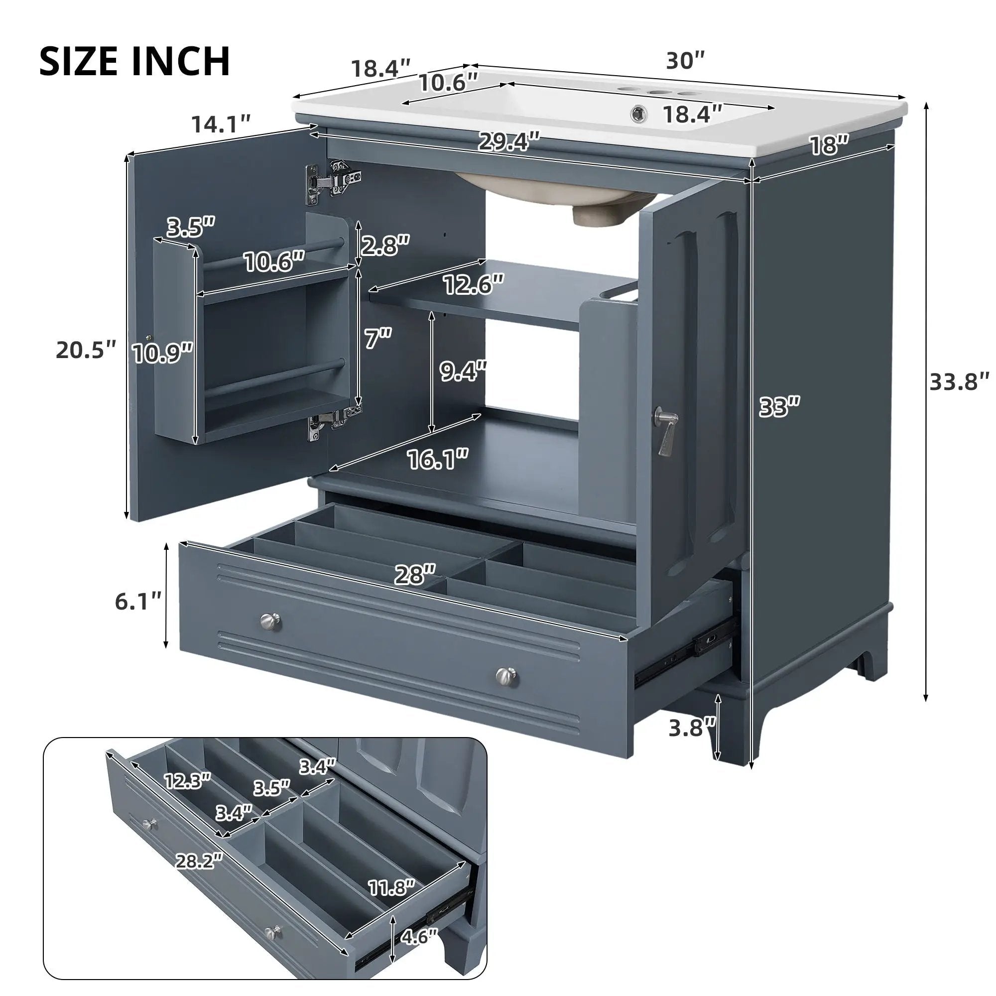 Bathroom Vanity With Sink, Cabinet With Adjustable Shelf And Drawer Divider by HouseOfZazla