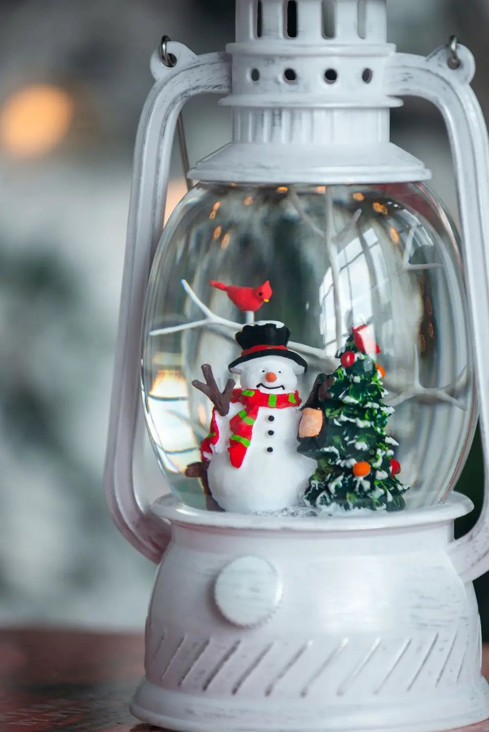 Christmas Plastic / Resin Lantern With Snowman & Tree LED / Water Spinning / 6 Hours Timer, 3*AA Batteries Required - White / Multi by HouseOfZazla