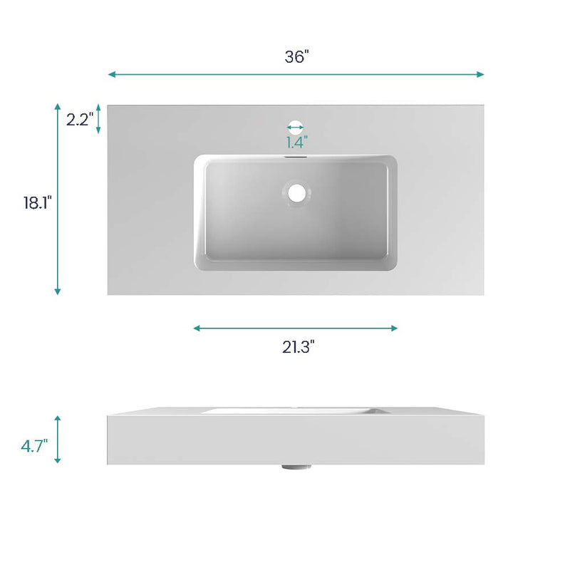 BB02-36-101 Integrated Solid Surface Basin Without Drain and Faucet, Glossy by HouseOfZazla