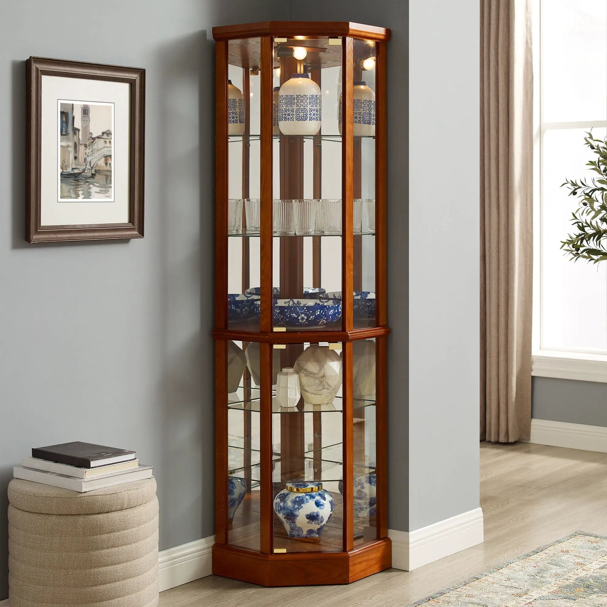 6 Shelf Lighted Corner Curio Cabinet With Adjustable Tempered Glass Shelves And Mirror Back (E26 Light Bulb Not Included) by Unique Piece Furniture