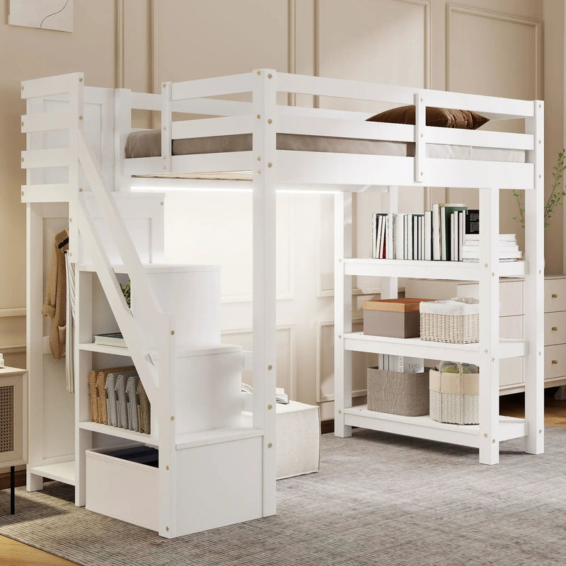 Loft Bed With 4 Layer Shelves, Storage Staircase, Small Wardrobe And LED Light by Unique Piece Furniture