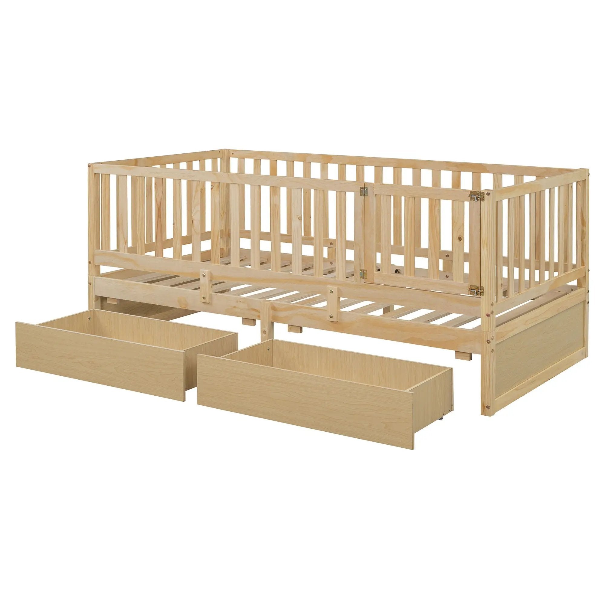 Daybed With Fence Guardrails And 2 Drawers, Split Into Independent Floor Bed & Daybed by HouseOfZazla
