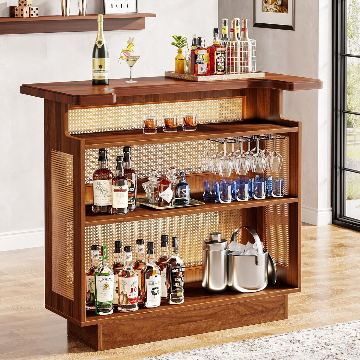 Farmhouse Rattan Bar Unit with Ample Storage - Caramel Brown, photo 6 of 10