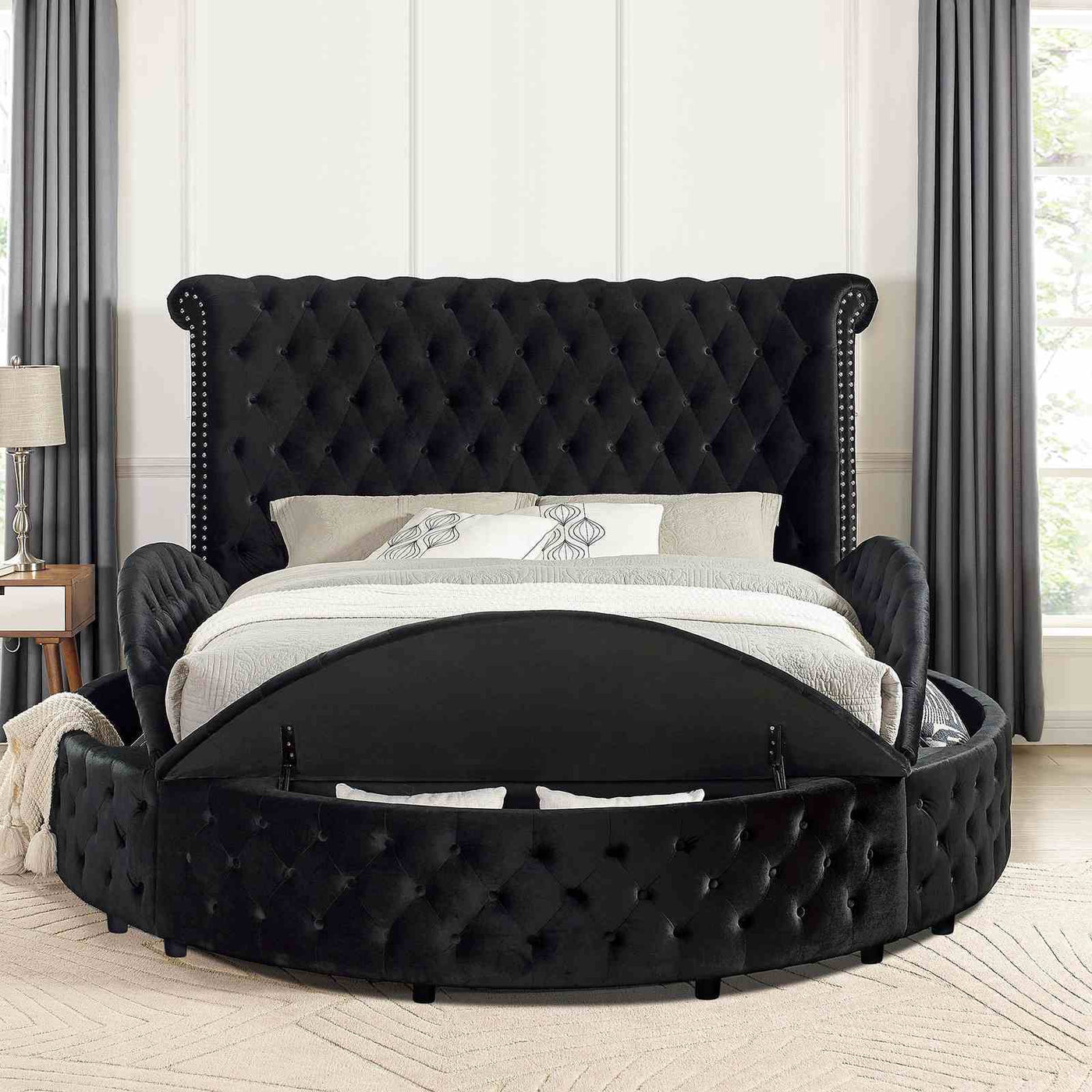 Glam Button Tufted Wingback Round Bed With Storage And USB Ports by HouseOfZazla