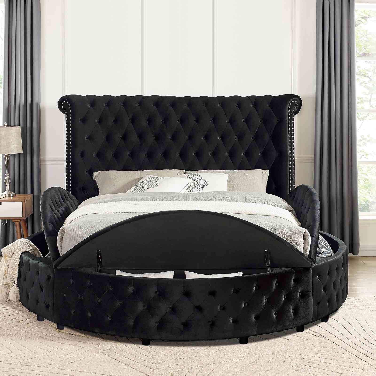 Glam Button Tufted Wingback Round Bed With Storage And USB Ports by HouseOfZazla