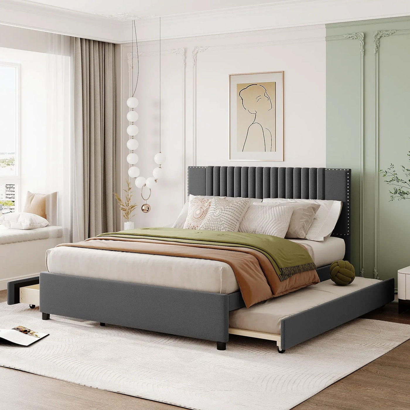 Upholstered Platform Bed With Drawers, Classic Headboard Design by HouseOfZazla