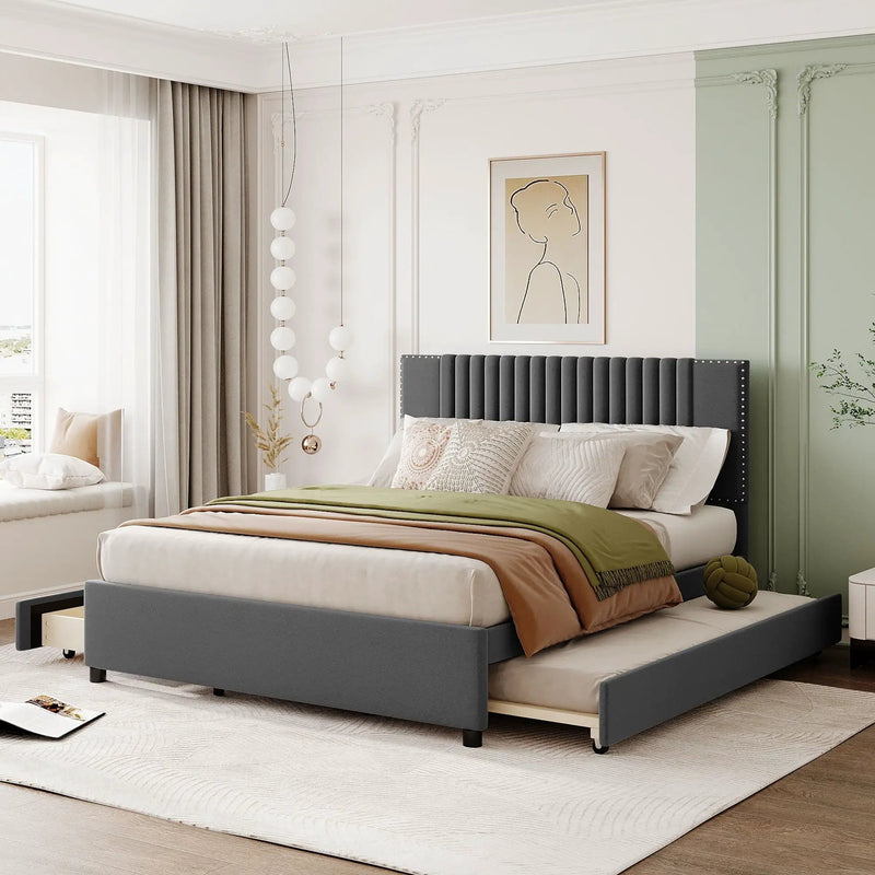 Upholstered Platform Bed With Drawers, Classic Headboard Design by HouseOfZazla