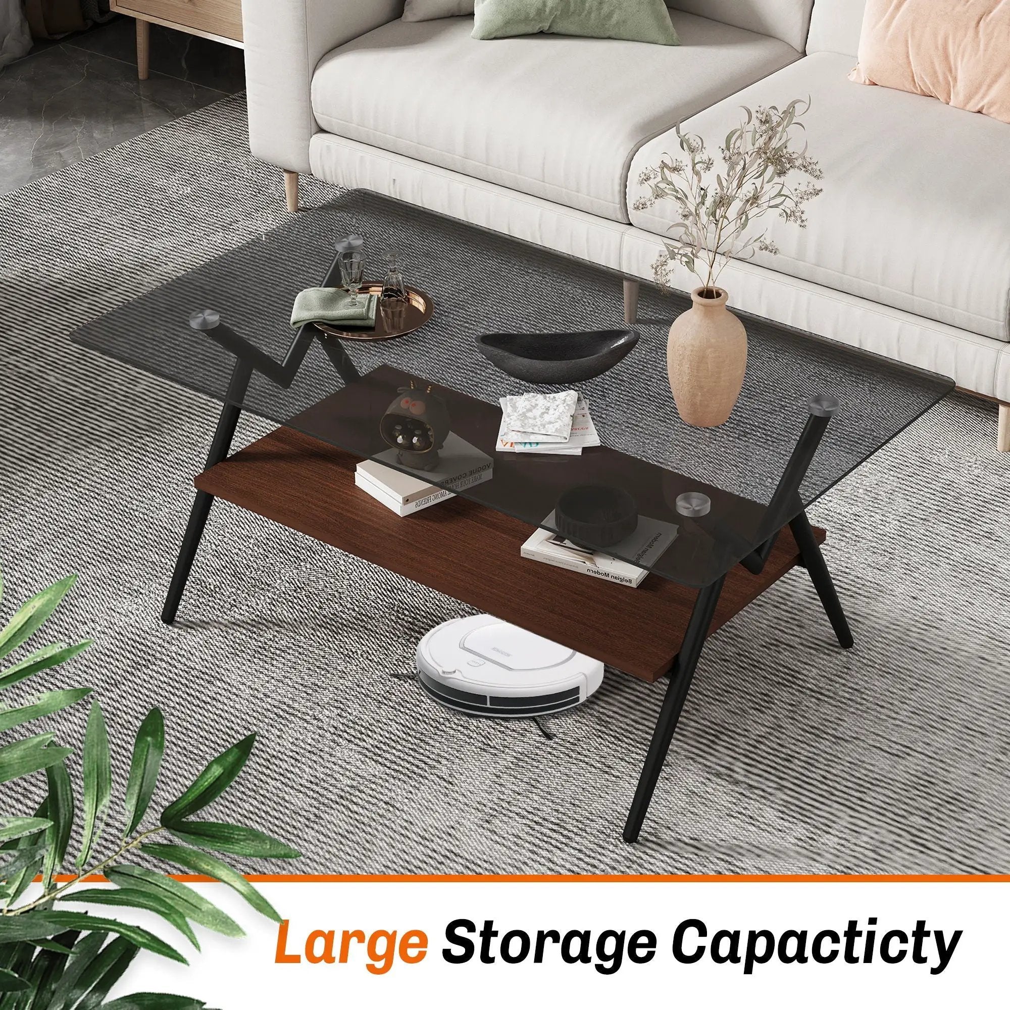 Rectangle Coffee Table With Tempered Glass Top And Shelf, Modern Table For Living Room by Unique Piece Furniture
